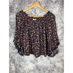 Coco & Jaimeson Blue Floral Peasant Boho Cottage Crochet Bell Blouse Size M EUC